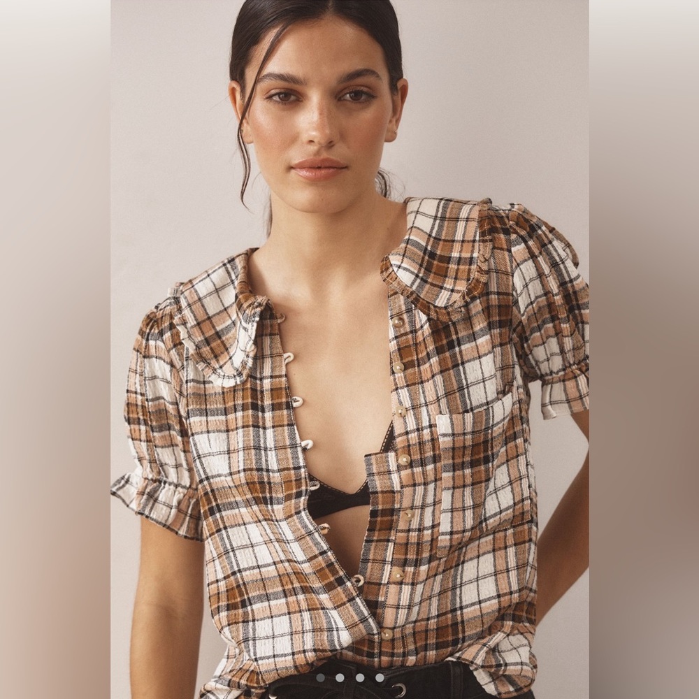 Keira Collared button-front blouse: plaid plus top